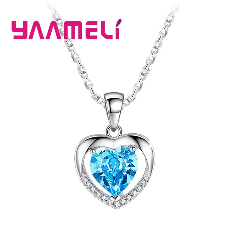 Ocean Blue Zircon Crystal Heart Necklace